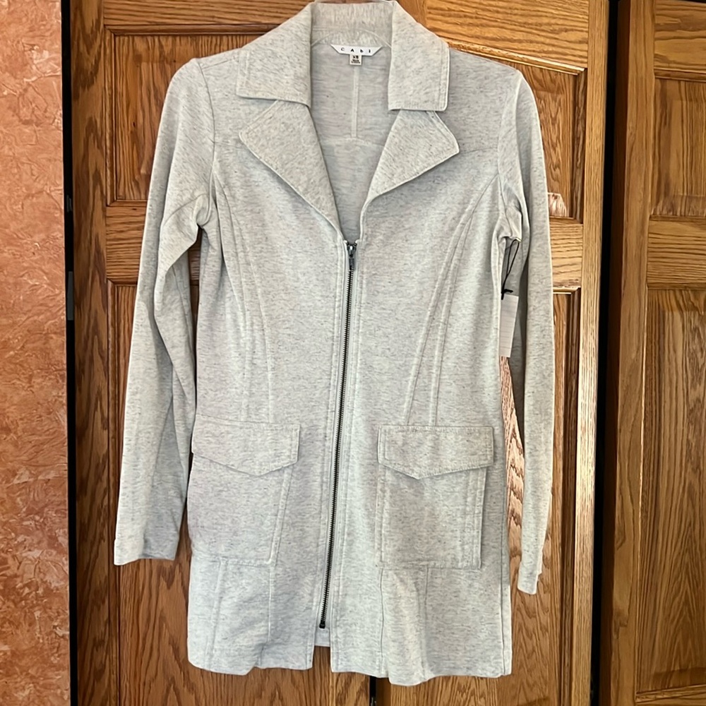 Cabi brand front zip soft gray fleece feeling over the hips jacket.